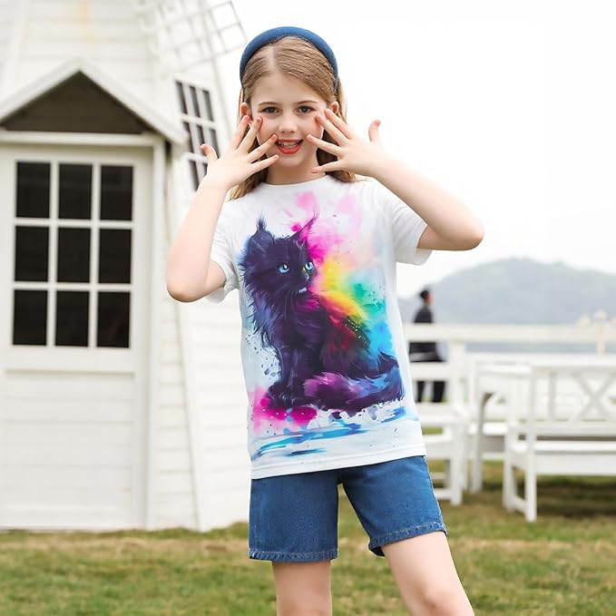Funnycokid Girls Shirts Cat T Shirt Size 5-12 Clothes for Kids