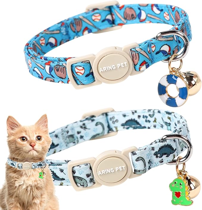ARING PET 2 Pack Cat Collar-Cute Kitty Collars with Bell & Pendant, Adjustable Dinosaur&Baseball Kitten Collars with Safety Buckle for Girl and Boy Pets