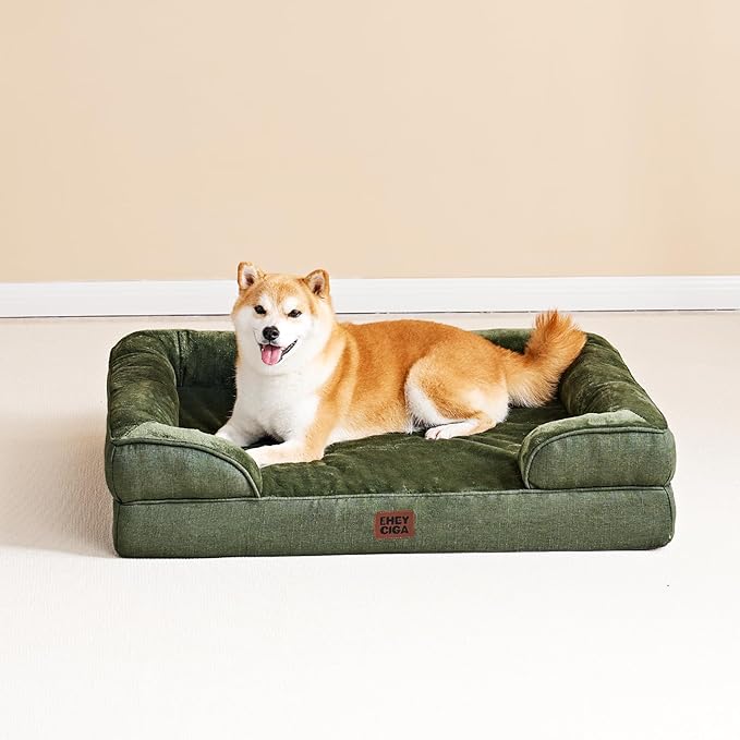 EHEYCIGA Orthopedic Dog Bed for Medium Dogs, Waterproof Memory Foam Medium Dog Beds with Sides, Non-Slip Bottom and Egg-Crate Foam Pet Couch Bed with Washable Removable Cover, Dark Green