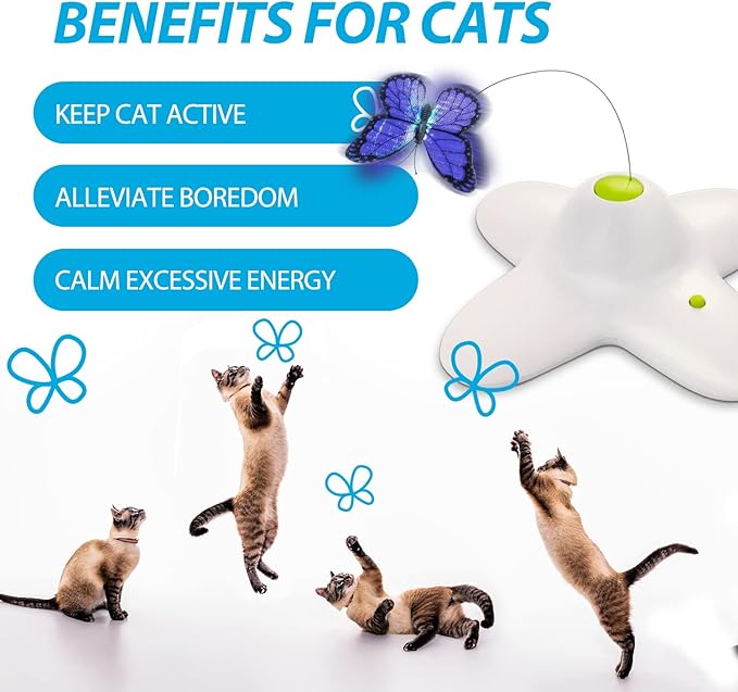 ALL FOR PAWS Interactive Butterfly Cat Toy, Automatic Cat Butterfly Wand Toys for Kitty, Electric Fluttering Butterfly Cat Teaser Toy for Indoor Cats