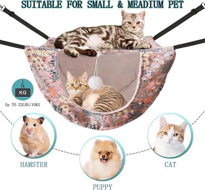 JSPYFITS Cat Cage Hammock,Double Layer Hanging Adjustable Soft Pet Bed Suitable for Kitten Ferret Puppy Rabbit or Small Pet,Hanging Bed for Pets,2 Level Indoor Bed for Any Season Pink Cat