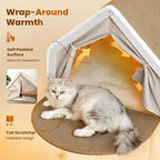 Cat Houses for Indoor Cats - 4 Seasons Cat Bed Cave with Natural Sisal Cat Scratcher Mat, Solid Wood Frame Cat House with Curtains and Cat Floor Scratching Pad Rug, Protect Couch and Carpets, S