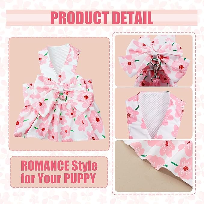 Dog Dress Bowknot Harness Leash Set for Small Dogs Red Strawberry Dog Cat Clothes Cute Puppy Outfits Pet Clothes Spring Summer Breathable Dresses(Samll)
