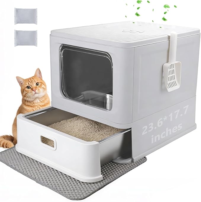 Enclosed Stainless Steel Cat Litter Boxes,Large Foldable Litter Box with Lid,Hooded Covered Stainless Steel Cat Litter Box,Easy Cleaning,No Urine Leakage,Deeper Pan
