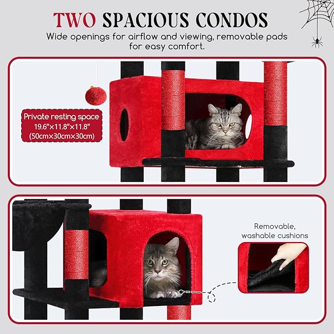 Globlazer Gothic Heavy Duty Cat Tree, 74in Sturdy Goth Cat Tower for Large Cats Adult Big Cat Tree with 7 Scratching Posts, 2 Padded Spacious Condos, 2 Hanging Baskets, Enlarged Perch, S74, Red Black