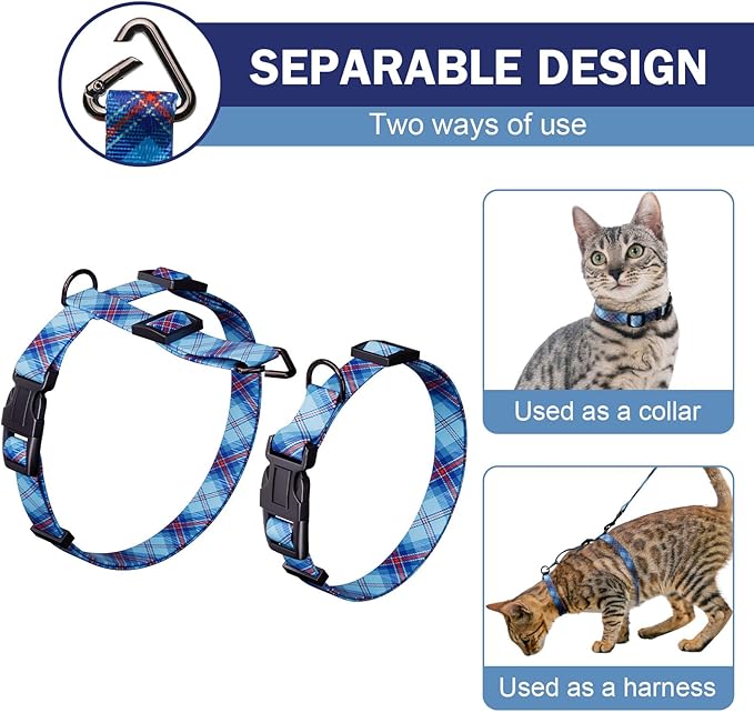 Hikiko Cat Harness and Leash Set Escape Proof Adjustable Walking Travel Soft Boy Kitten Harness for Small Medium Large Cats (Blue Plaid, M)