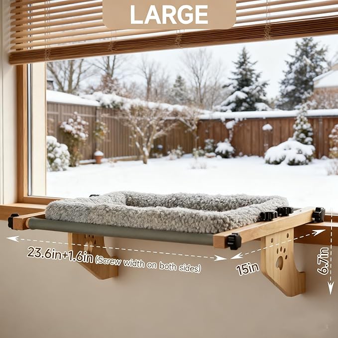 Cat Window Perch - No Drilling Renter-Safe, Adjustable Sill Fit with Sturdy Wood- Metal Frame, Washable Non-Slip Bed, Easy Assembly for Indoor Cats - Ideal for Small Spaces & Multi-Cat Homes(Gray,L)