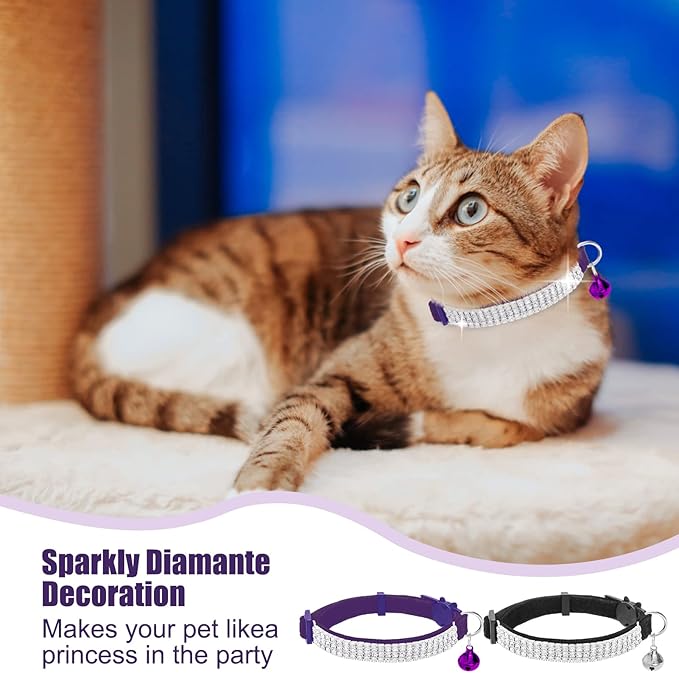 EXPAWLORER Soft Velvet Safe Cat Collars for Girl Cats -2 Pack Rhinestones Bling Diamante Adjustable Collars Breakaway- Chirstmas Cat Clollar Gifts with Bells for Boy Cats Kitty and Small Dogs