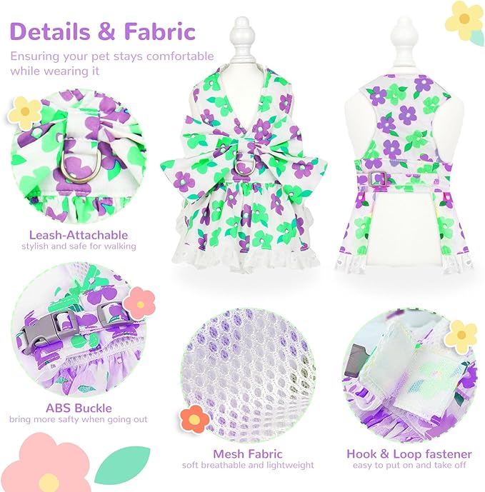Dog Harness Dress Leash Set for Small Dog Summer Clothes Girl Female Puppy Cats Outfits Cute Floral Bowknot Princess Birthday Dress for Extra Small Pet Doggie Kitten Outfits Apparel(Green,L)