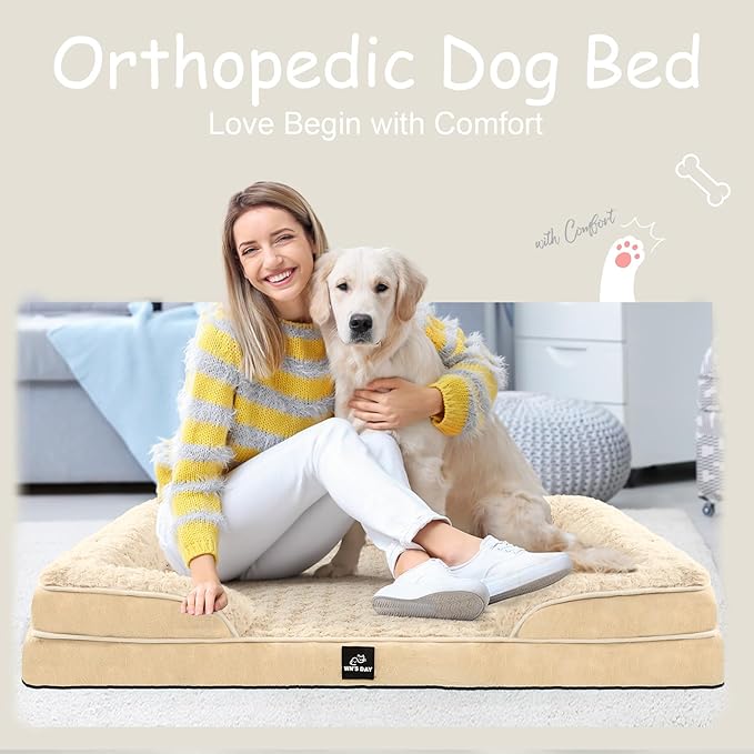 Orthopedic Dog Bed for Large Medium Sized, Washable Memory Foam Large Dog Bed, Medium Pet Sofa with Removable Cover, Washable Waterproof Pet Couch Beds(Beige, M)