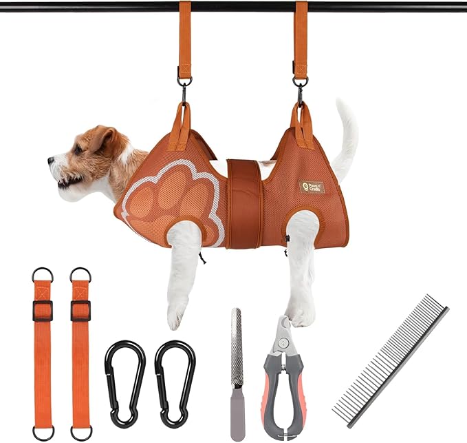 Paws n' Cradle Dog Grooming Hammock Harness for Dogs & Cats-Complete Kit with Adjustable Leg Fittings, Comb, Nail Clipper, File, Hook & Loop Strap, Adjustable Hanging Straps & Snap Hooks (Extra Large)