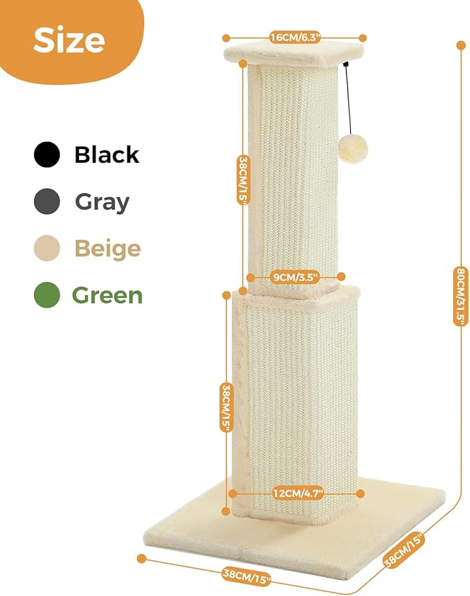 PAWZ Road Large Cat Scratching Post 32” Tall Scratching Post for Indoor Cats Adults Ultimate Scratch Post with Woven Sisal, Large Base and Removable Dangling Ball- Beige