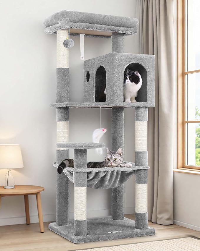 Globlazer Cat Tree Tower with Scratching Post for Indoor Cats, 53inch Tall Plush Multi-Level Cat Climbing Tower Condo House with Large Hammock, Spacious Cat Cave, Padded Top Perch Bed, F53, Light Gray