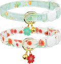 2 Pack Cotton Breakaway Cat Collar Green and Red Flowers Pendant Cute Kitten Cat Collar with Bell