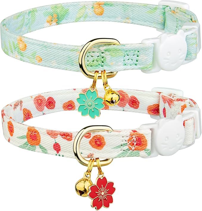 2 Pack Cotton Breakaway Cat Collar Green and Red Flowers Pendant Cute Kitten Cat Collar with Bell
