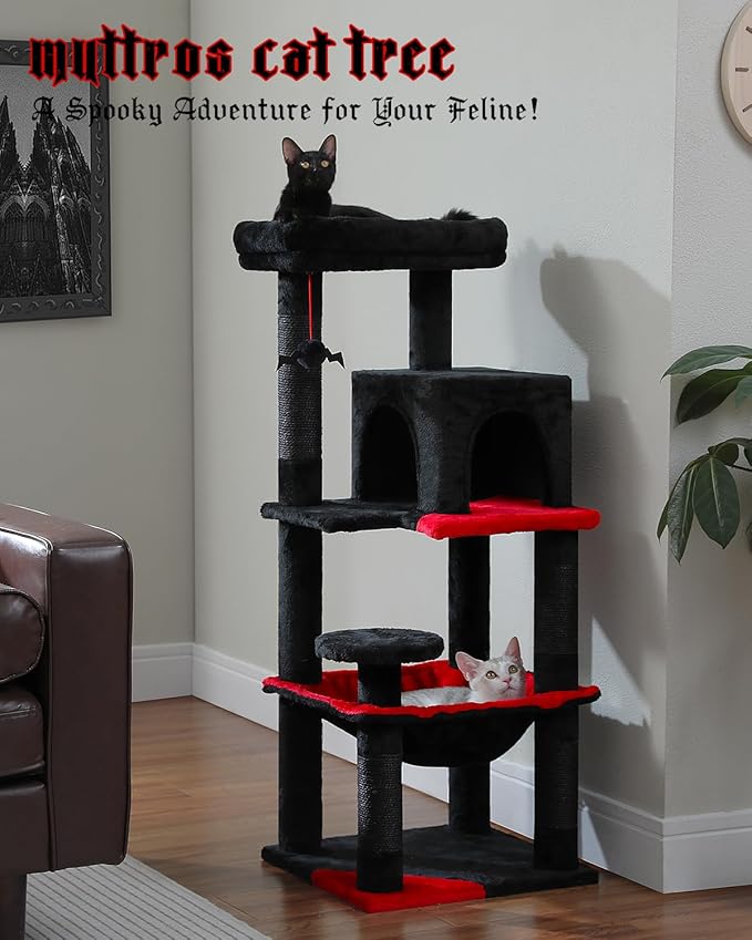 Gothic Cat Tree with Super Large Hammock, 45.7" Black Cat Tower with Coffin Bed, Cat Condo, Sisal Scratching Posts & Top Perch, Multi-Level Goth Cat Tree, Halloween, Black