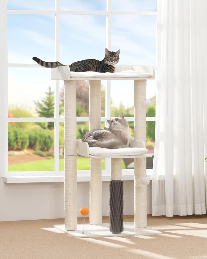FourFurPets 43.7" Cat Tree, Modern Cat Tree Tower, Cat Tower for Indoor Cats Large Adult, Cat Condo with Scratching Post, Large Perch and Removable Pads, White