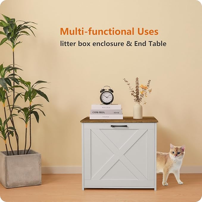 Dwanton Cat Litter Box Furniture Hidden, Cat Litter Box Enclosure, Reversible Entrance Can Be on Left or Right Side, Indoor Cabinet, Wooden Washroom, End Table, White and Warm Brown, 23.6" L