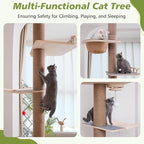 Floor to Ceiling Cat Tree, 5 Tier Cat Tower Adjustable Height (82-120 in), Tall Climbing Tree with Perches, Hammock, Scratching Post, Bed, Ball Toys, Solid Structure and Neutral Color Fit Home Decor