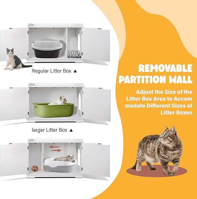 ZENY Wooden Cat Litter Cabinet, Hidden Litter Box Enclosure, Modern Storage Bench with Divider, Fit Most Boxes - White