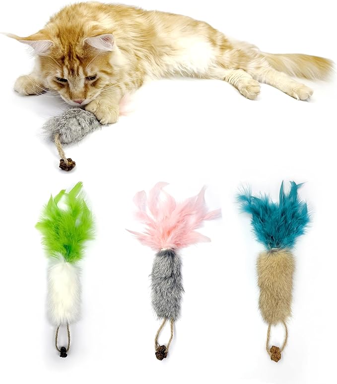 3 Pack Rabbit Fur Catnip Toys with Feathers – Interactive Carrot Cat Toys with Galls Fruit for Indoor Cats and Kittens