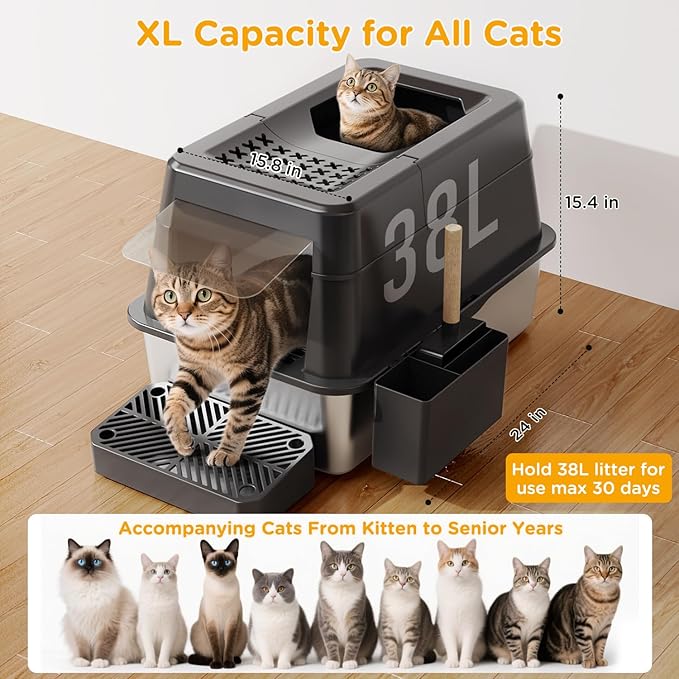 Stainless Steel Litter Box with Lid, XL Closed Metal Litter Box Modular Design with Flip Lid Fits All Cats, Extra Large Covered High Sided Cat Box, Scoop, Non-Sticky, Easy Cleaning (Black)