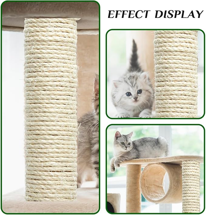 White Sisal Rope 1/4 Inch by 32-Feet for Cat Scratching Post Tree Tower Replacement Repair and Replace, DIY Hemp Twine Rope for Kittens Shelves Furniture Window Bed Perch House Climbing, 6mm by 10m