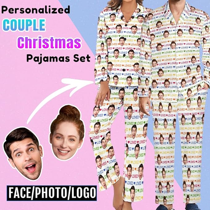 Custom Face Pajamas for Women Men,Personalized Dog Cat Pet Pajamas Set,Christmas Long Sleeve Sleepwear Pjs