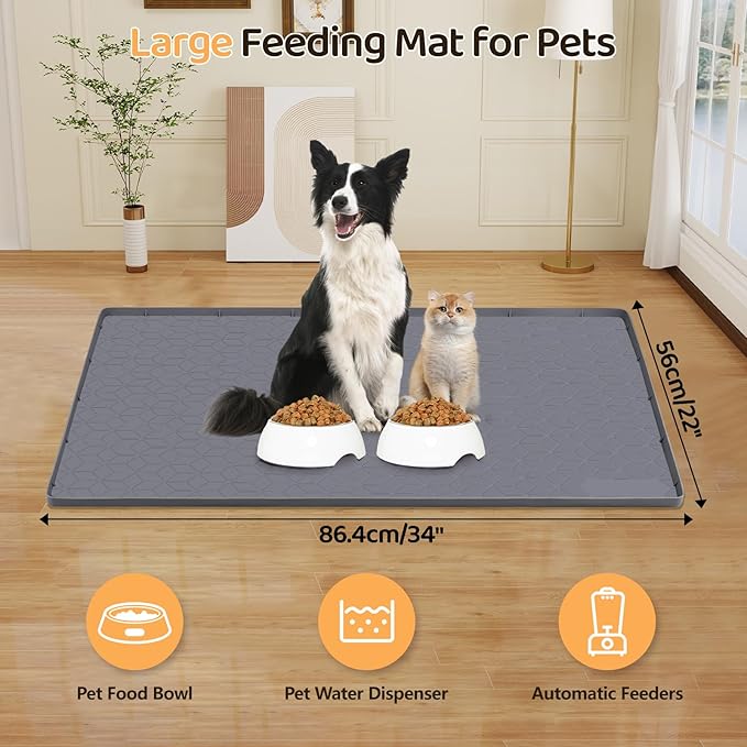 Cat Food Mat, 34" x 22" Large Silicone Pet Feeding Mat with Raised Edge Pet Placemat for Food and Water Bowl Non-Slip, Easy to Clean, Floor Protection (Dark Grey)