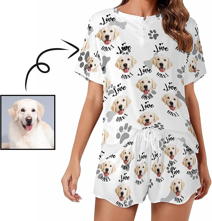 Custom Short Pajamas Set with Face Photo Women‘s Sleepwear Tee Personalized PJ Short Loungewear Set fot Her