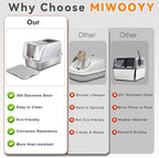 Stainless Steel Cat Litter Box with Lid, 180° Flip Top XXL Enclosed Litter Box with Cat Pedal Step Stool & Scoop, Front Top Dual Entry Steel Extra Large Cats Litter Pan, Light Grey