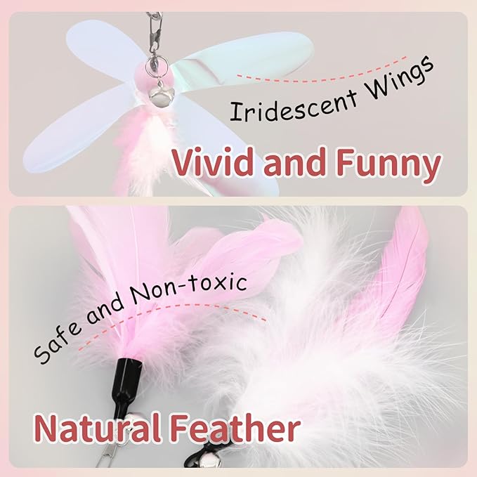 SONGWAY Cat Wand Toys for Indoor Cats - Cat Toy Set with Retractable Teaser Wand and 6 PCS Fairy Feather Toy Refills, Dragonfly Tassel Plush Cat Toys Interactive, Pink
