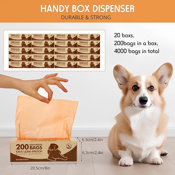 Sherr 20 Boxed Rolls 4000 Counts Dog Poop Bags Bulk Leak Proof Dog Waste Bags Universal Pet Doggy Waste Poop Box for Puppy Pets Outdoor Walking and Travel, 20 Rolls of 200(Orange)