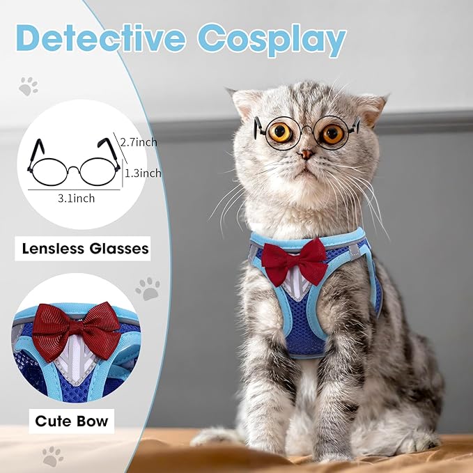 Cat Vest Harness and Leash Set for Walking, Escape Proof, Adjustable Kitten Harness, Breathable Mesh with Reflective Strips, Detective Conan-Inspired Design, Blue, Medium