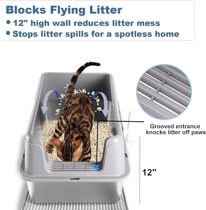 Stainless Steel Cat Litter Box - XL Enclosed High-Sided Pan for Big Cats - Non-Stick Odor Resistant - Easy to Clean with Scoop & Mat