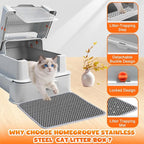 Homegroove Enclosed Stainless Steel Cat Litter Box with Drawer, XL Large Metal Cat Box with Lid for Indoor Cats, Metal Covered Litter Pan with Litter Scoop& Pedal (Light Gray)