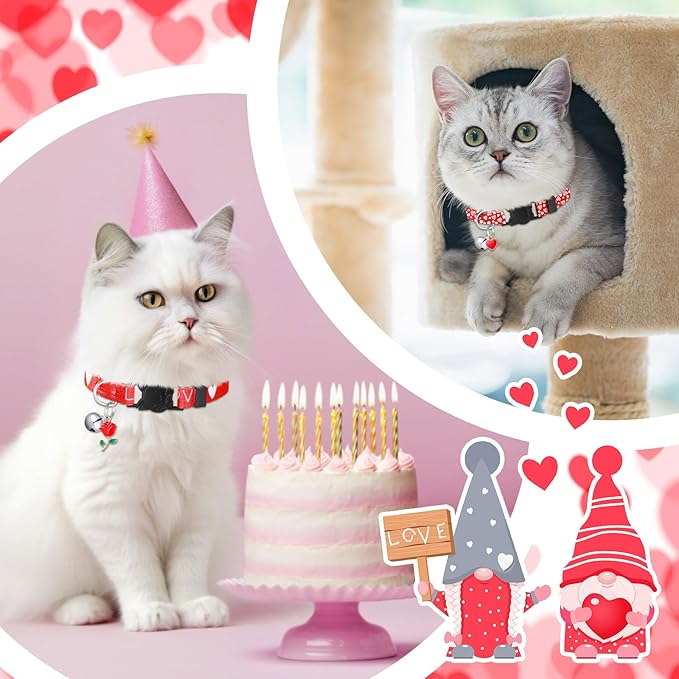 8 Pcs St. Patrick's Day Adjustable Cat Collar Easter Cat Collar with Bell Plastic Buckle Valentines Holiday Puppy Gift for Pet Kitten Puppy(Heart)