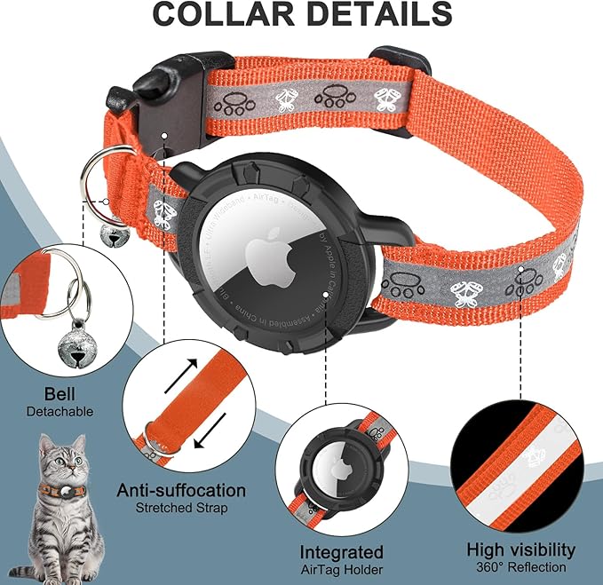 Reflective AirTag Cat Collar, Integrated Cat Tracker Collar with Air Tag Holder and Bell, Safety Elastic Band Cat GPS Collars for Girl Boy Cats, Kittens and Puppies (Orange,XS)