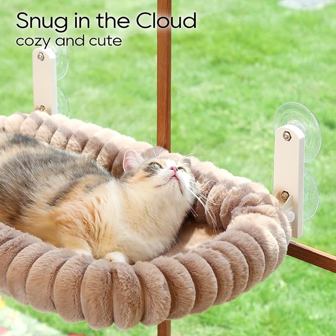 Zakkart SnugCloud Foldable Cat Window Perch - Cordless, Ultra Soft Machine Washable Bed with 4-Sided Bolster, Metal Frame - Window Hammock for Large Cats and Kittens (Brown, Medium)
