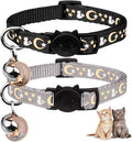 2PCS Breakaway Cat Collars with Bell Cute Kitty Glow in The Dark Adjustable Kitten Collars 7.9-13.0 Inch(Grey&Black)