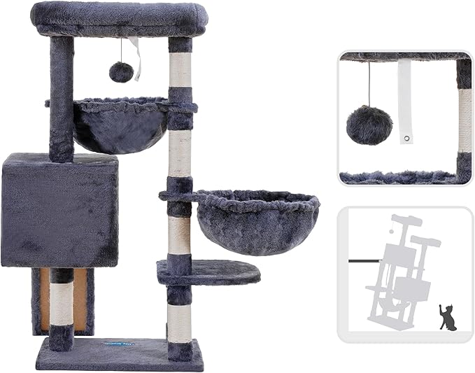 Hey-brother Cat Tree, Cat Tower for Indoor Cats, Cat House with Large Padded Bed, Cozy Condo, Hammocks, Sisal Scratching Posts, Big Scratcher, Smoky Gray MPJ006SG
