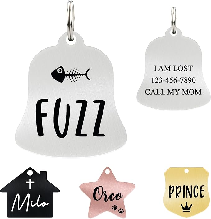 Ultra Joys Cat ID Tag Personalized Pet Tags, Durable Stainless Steel Small Pet Mini Dog Cat Tag Lightweight - Bell Tag in Silver
