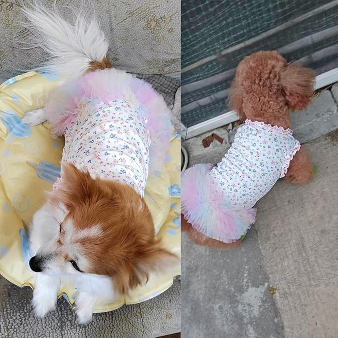 Floral Puppy Dress with D-Ring Ruffled Small Dog Clothes Female Spring Cat Outfit Sleeveless Pet Princess Skirt Cute Dogs Tutu Dresses (Pink, Large)