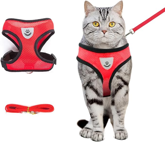 Shudyear Cat Harness and Leash, Adjustable Soft Mesh, Anti-Escape, Reflective Design, Size M, Red