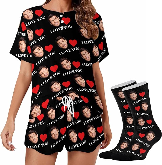 Custom Short Pajamas Set with Face Photo Women‘s Sleepwear Tee Personalized PJ Short Loungewear Set fot Her