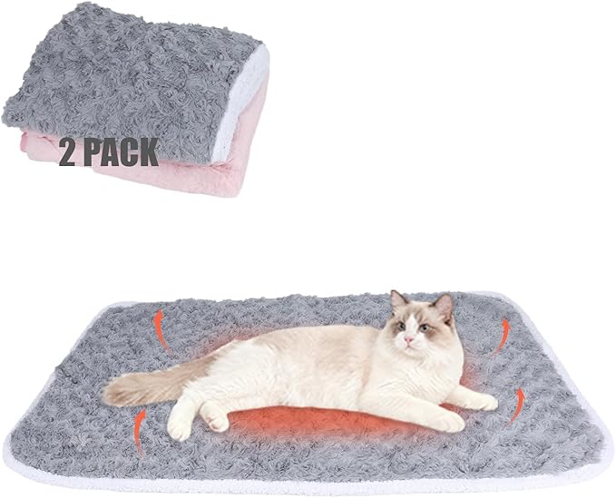 SUPRIY 2-Pack (Pink + Gray) Self-Warming Cat Mat Self-Heating Dog Mat Warm Pet Pad Reflective Heating Pet Bed Waterproof and Washable Suitable for Dog Cat Bed Cage Mats Blanket (Small15.5x19.5IN)