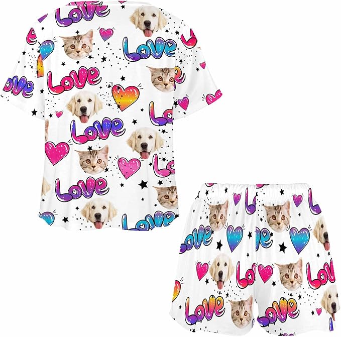 D-Story Custom Short Pajama Set with Pet Face Personalized Photo Sleepwear 2 Pieces Pjs Nightwear Xmas Gift for Women