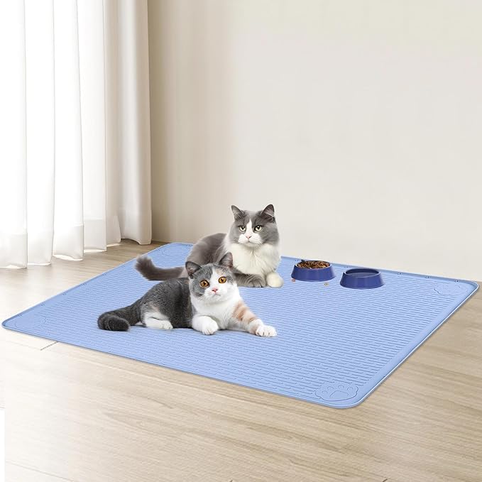Cat Food Mat, 40" x 28" Extra Large Silicone Pet Feeding Mat with Raised Edge Pet Placemat for Food and Water Bowl Non-Slip, Easy to Clean, Floor Protection (Blue)