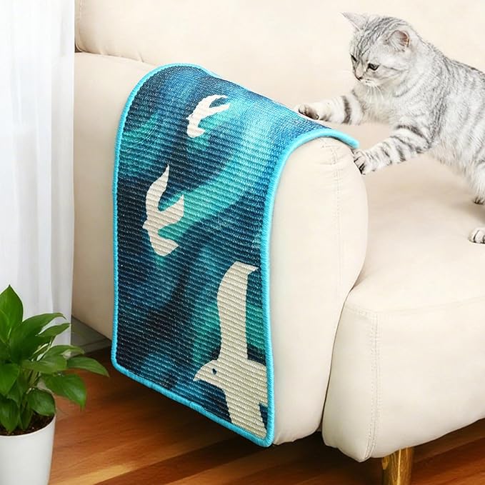 3-in-1 Sisal Cat Scratcher Mat 23.6x15.7'' Protects Carpet Couch & Furniture with Sticker Tape, Floor & Wall Cat Scratching Pad, Anti-Slip, Durable for Indoor Outdoor Cats (Blue Skyward)