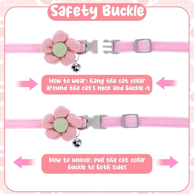 4Pcs Cat Collar Breakawayr, Cute Cotton Kitten Collar with Bell Adjustable Pink Cat Collar Safety Buckle Flower Cats Collar for Girl Boy Little Dog